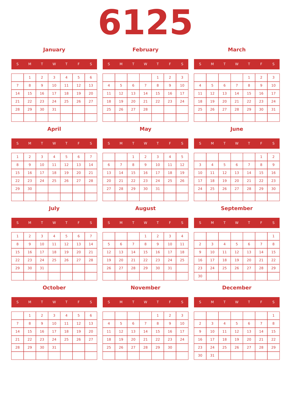 Printable 6125 Year Calendars red