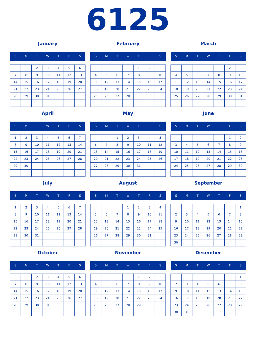 Printable 6125 Year Calendars smalt