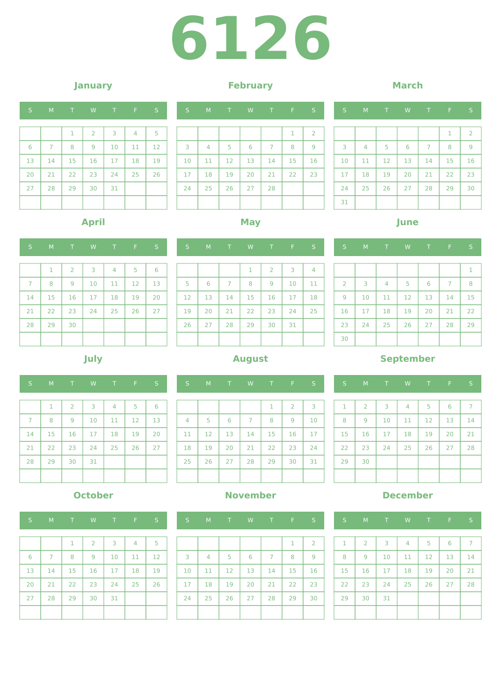 Printable 6126 Year Calendars celadon