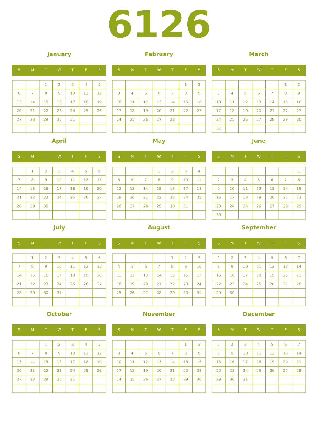 Printable 6126 Year Calendars chartreuse