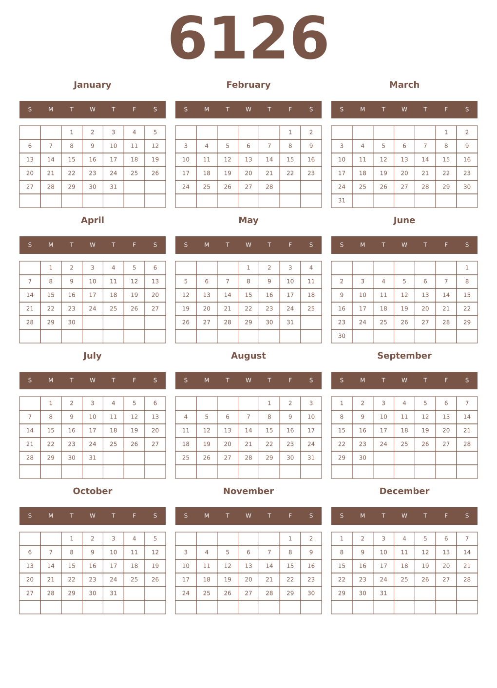 Printable 6126 Year Calendars coffe