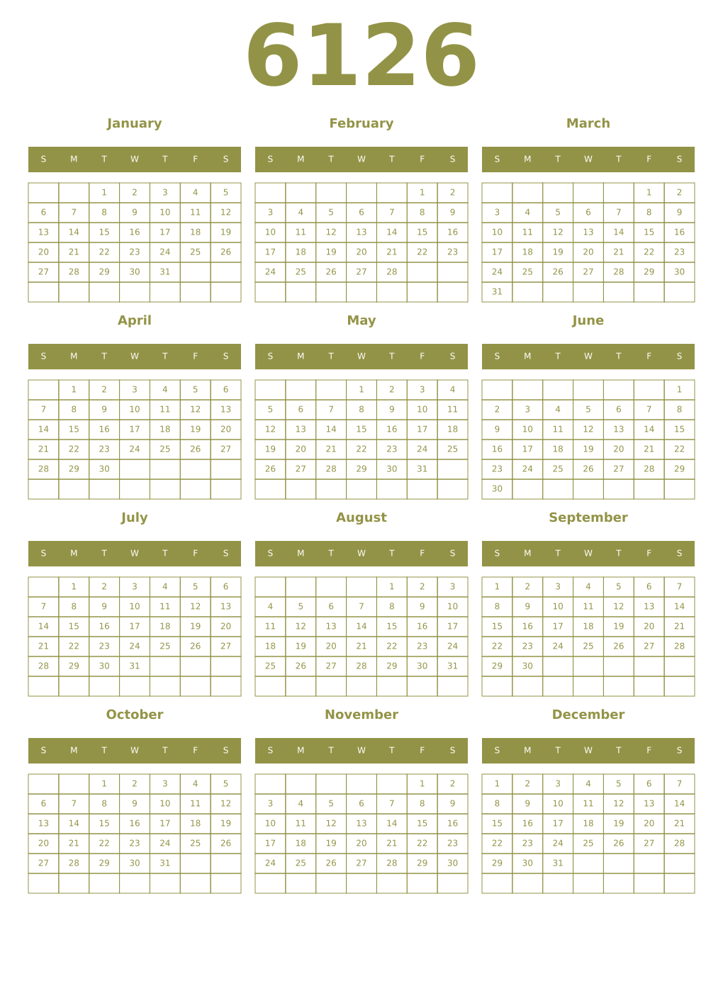 Printable 6126 Year Calendars eburnean
