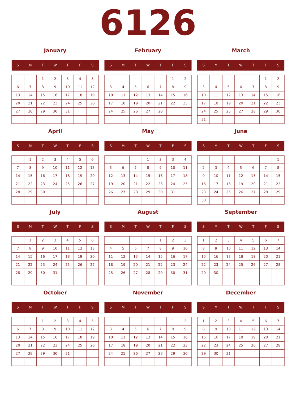Printable 6126 Year Calendars falu