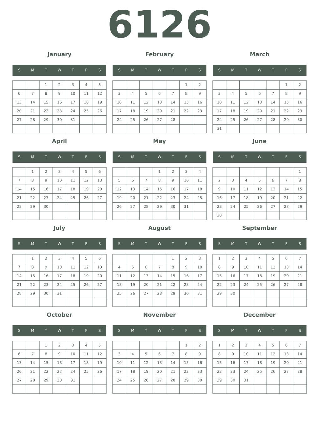 Printable 6126 Year Calendars feldgrau