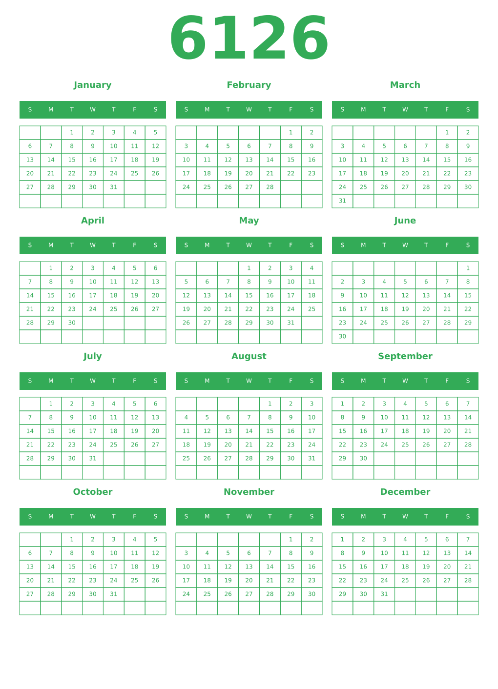Printable 6126 Year Calendars green