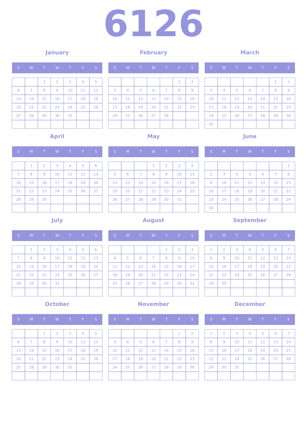 Printable 6126 Year Calendars periwinkle