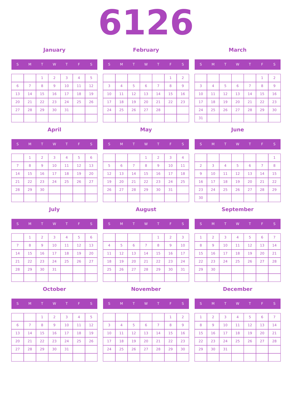 Printable 6126 Year Calendars purple