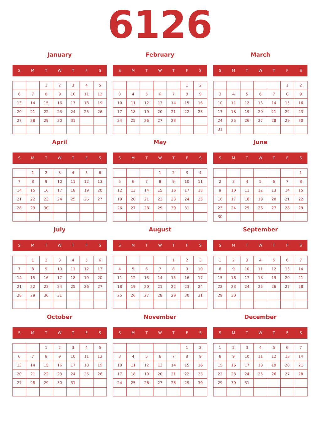 Printable 6126 Year Calendars red
