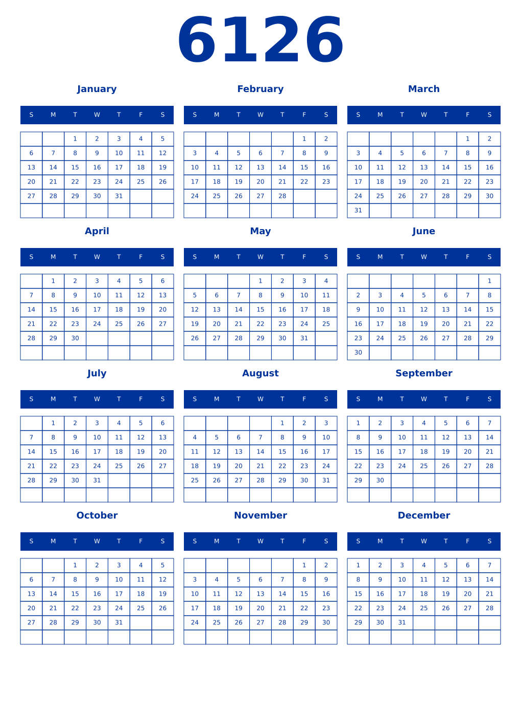 Printable 6126 Year Calendars smalt