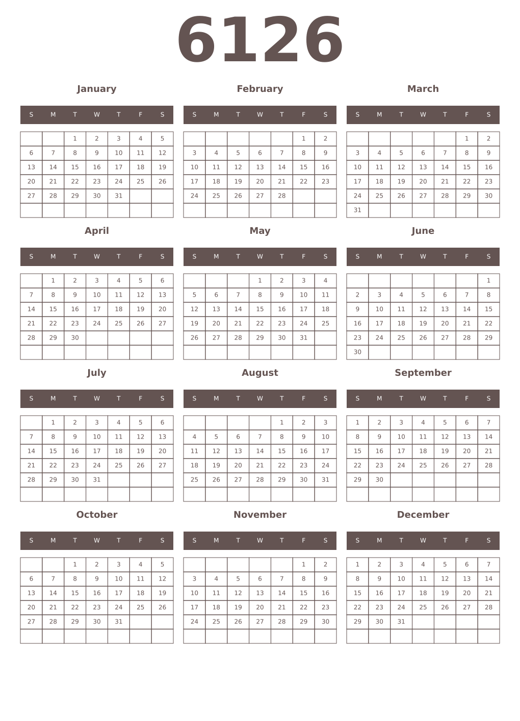 Printable 6126 Year Calendars wenge