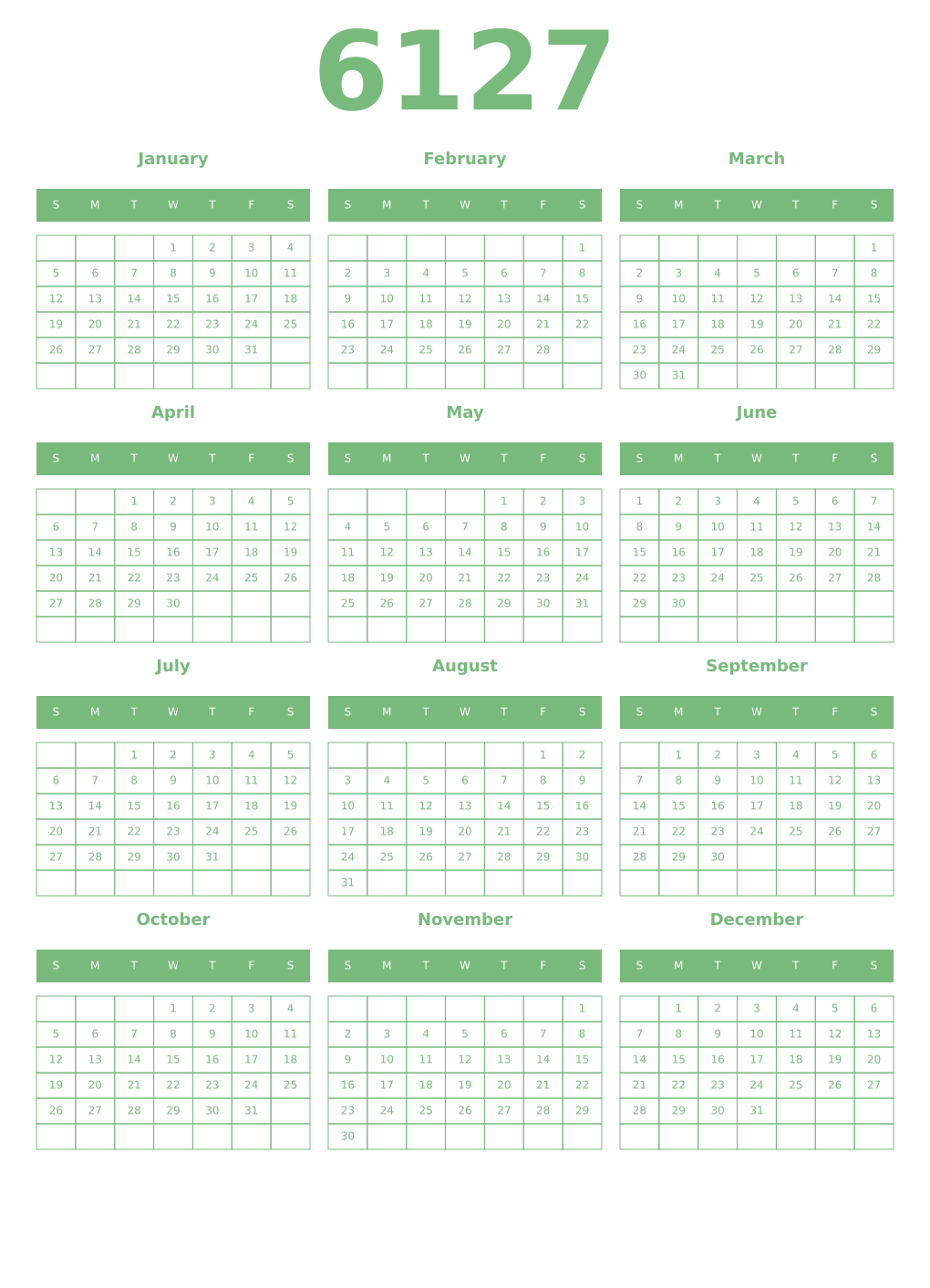 Printable 6127 Year Calendars celadon