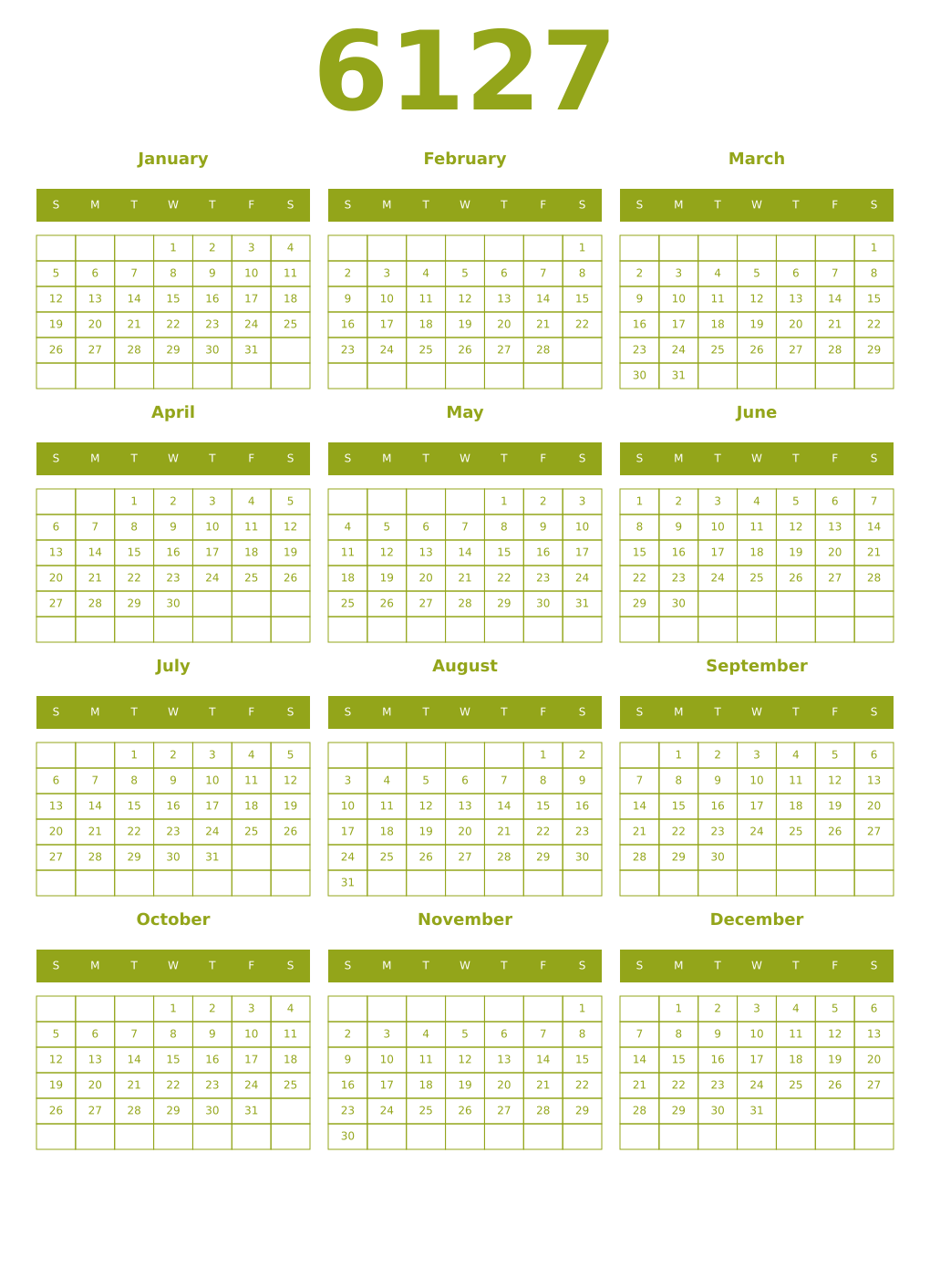 Printable 6127 Year Calendars chartreuse
