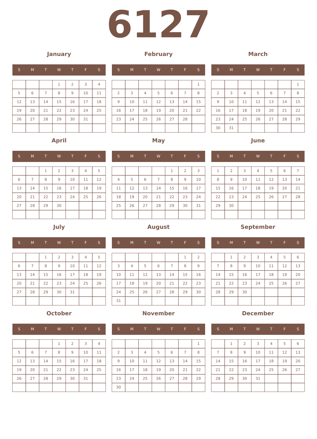 Printable 6127 Year Calendars coffe