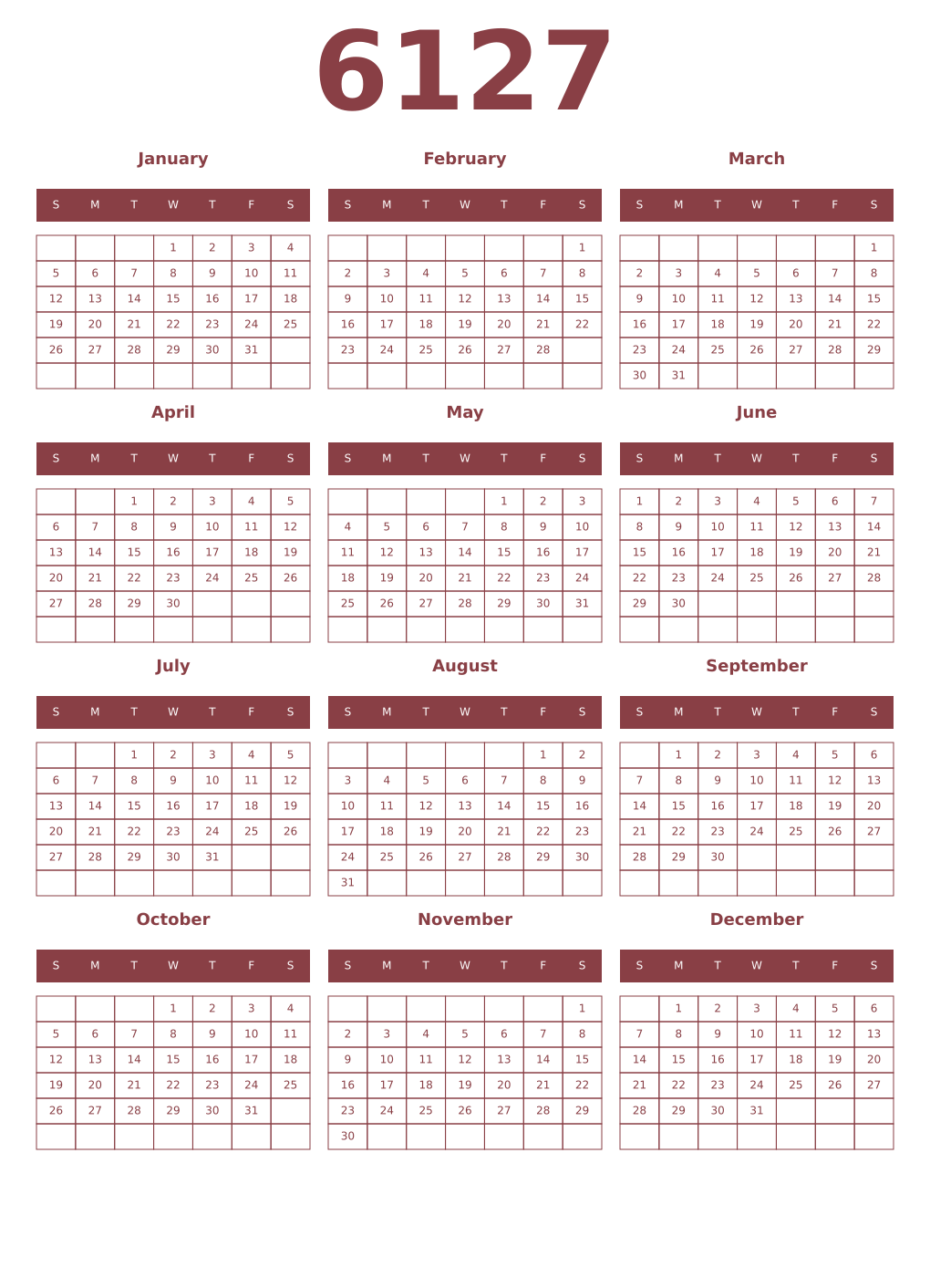 Printable 6127 Year Calendars cordovan