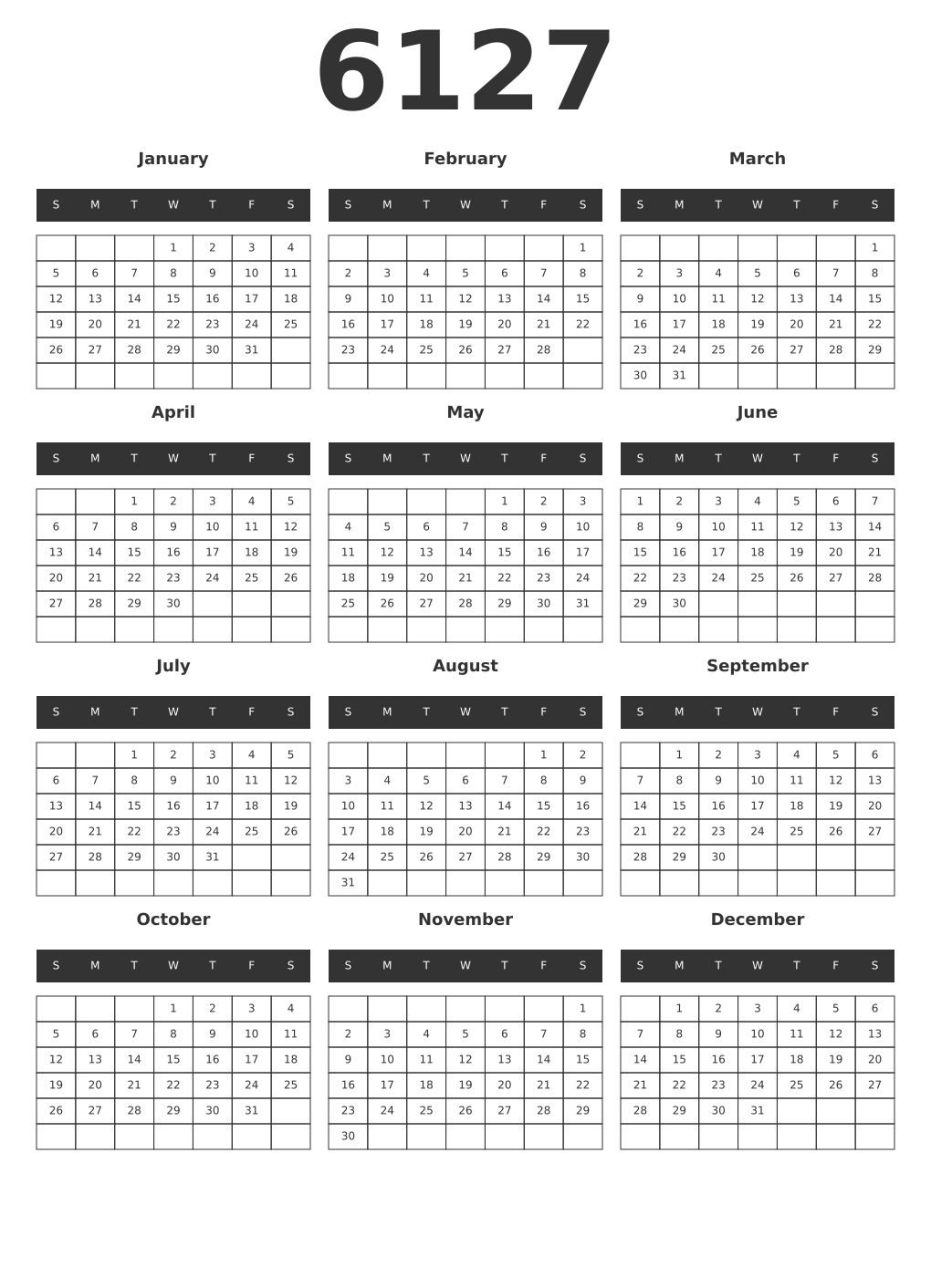 Printable 6127 Year Calendars dark