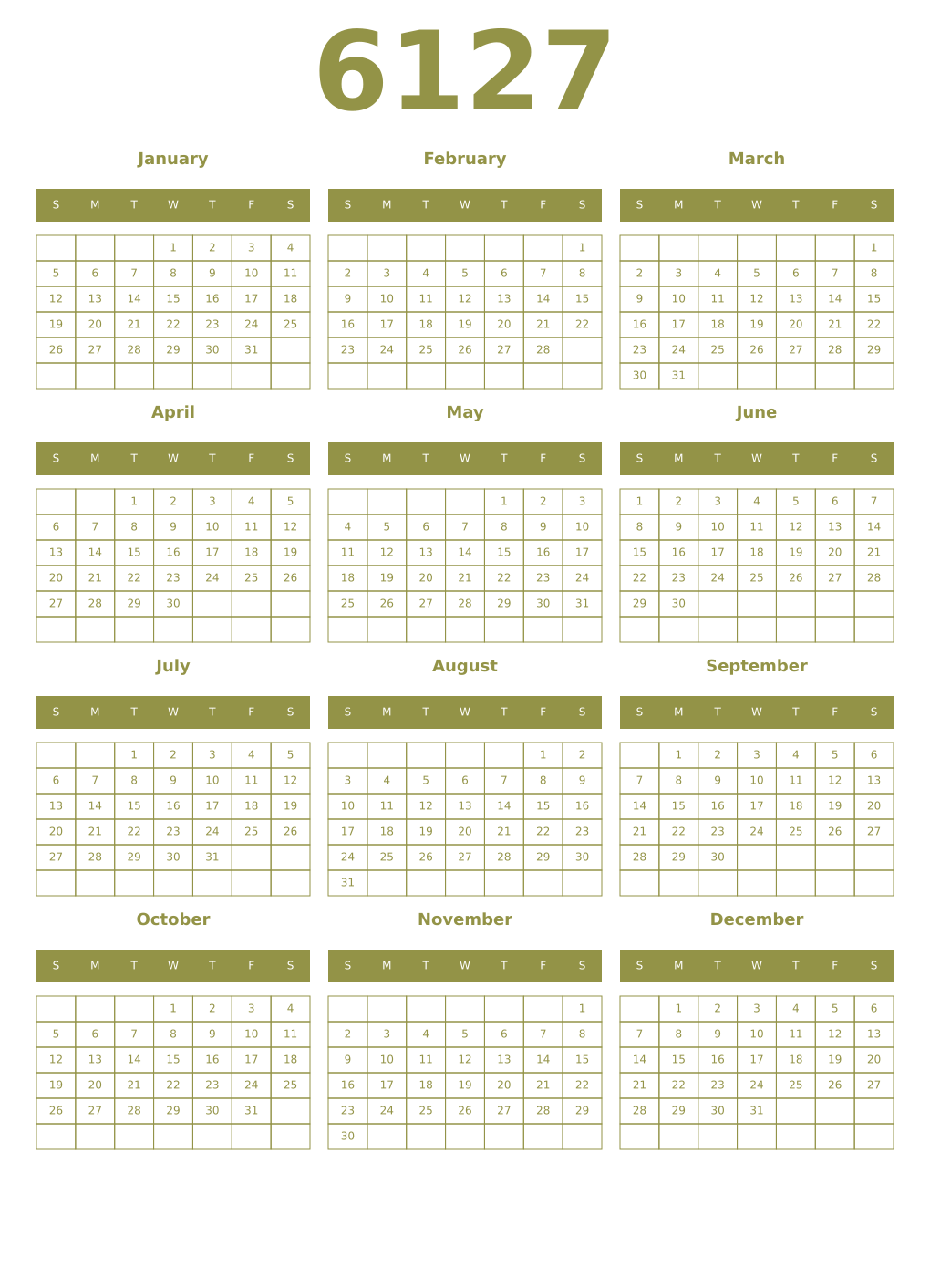 Printable 6127 Year Calendars eburnean