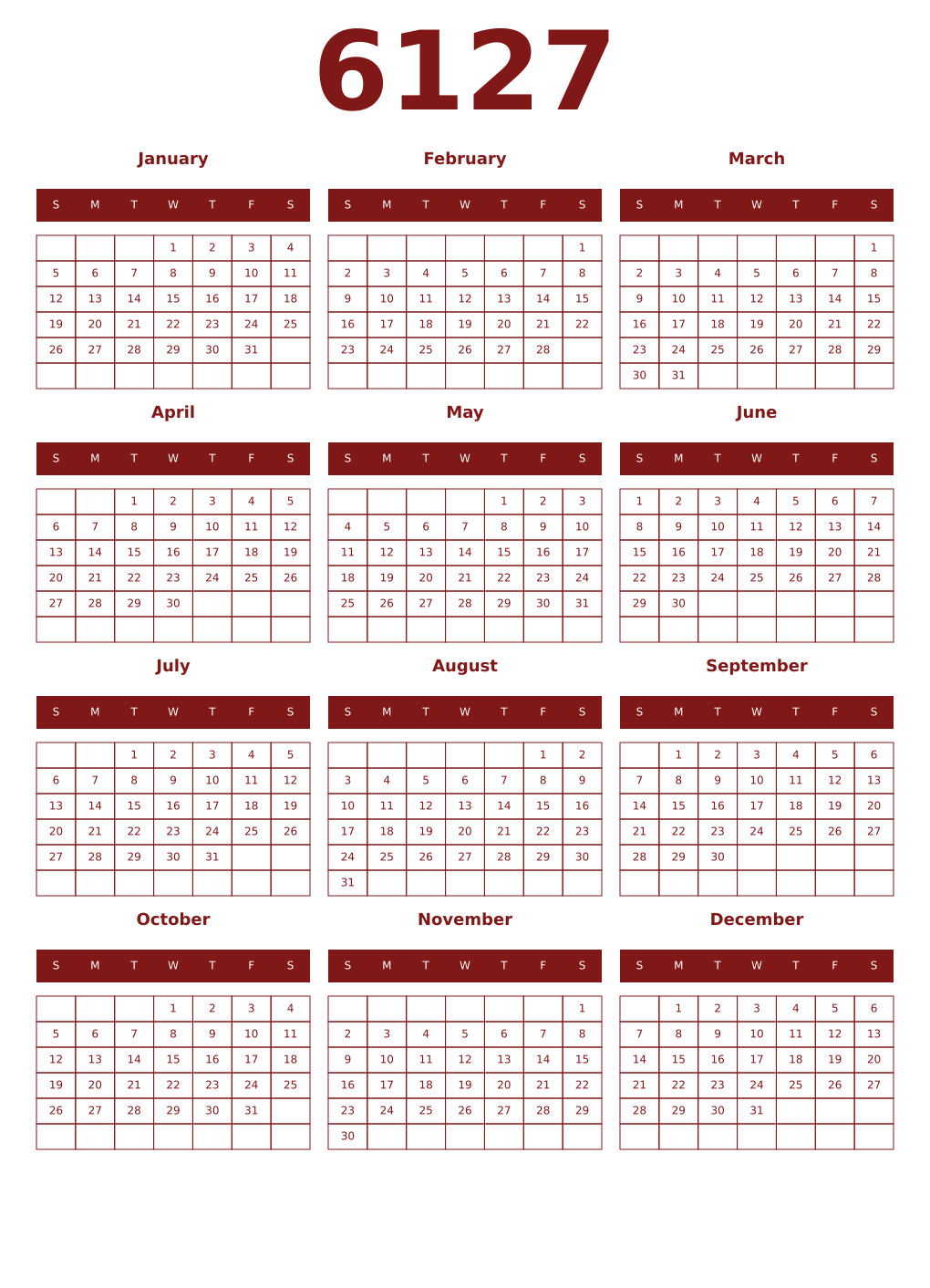 Printable 6127 Year Calendars falu