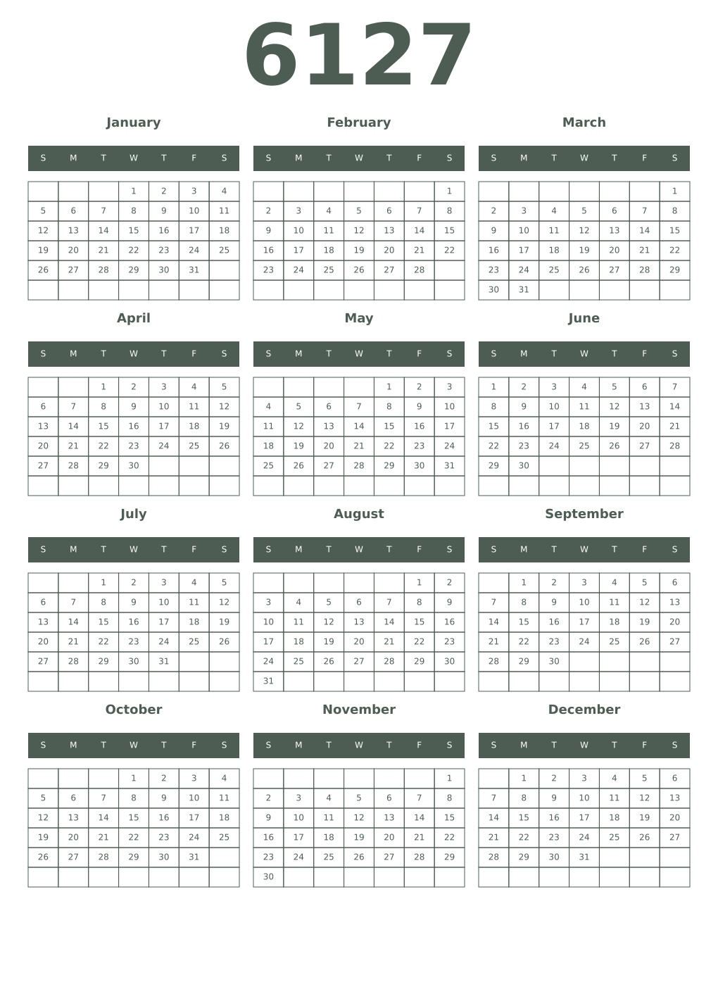 Printable 6127 Year Calendars feldgrau