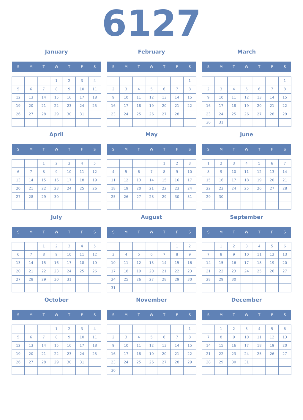 Printable 6127 Year Calendars glaucous