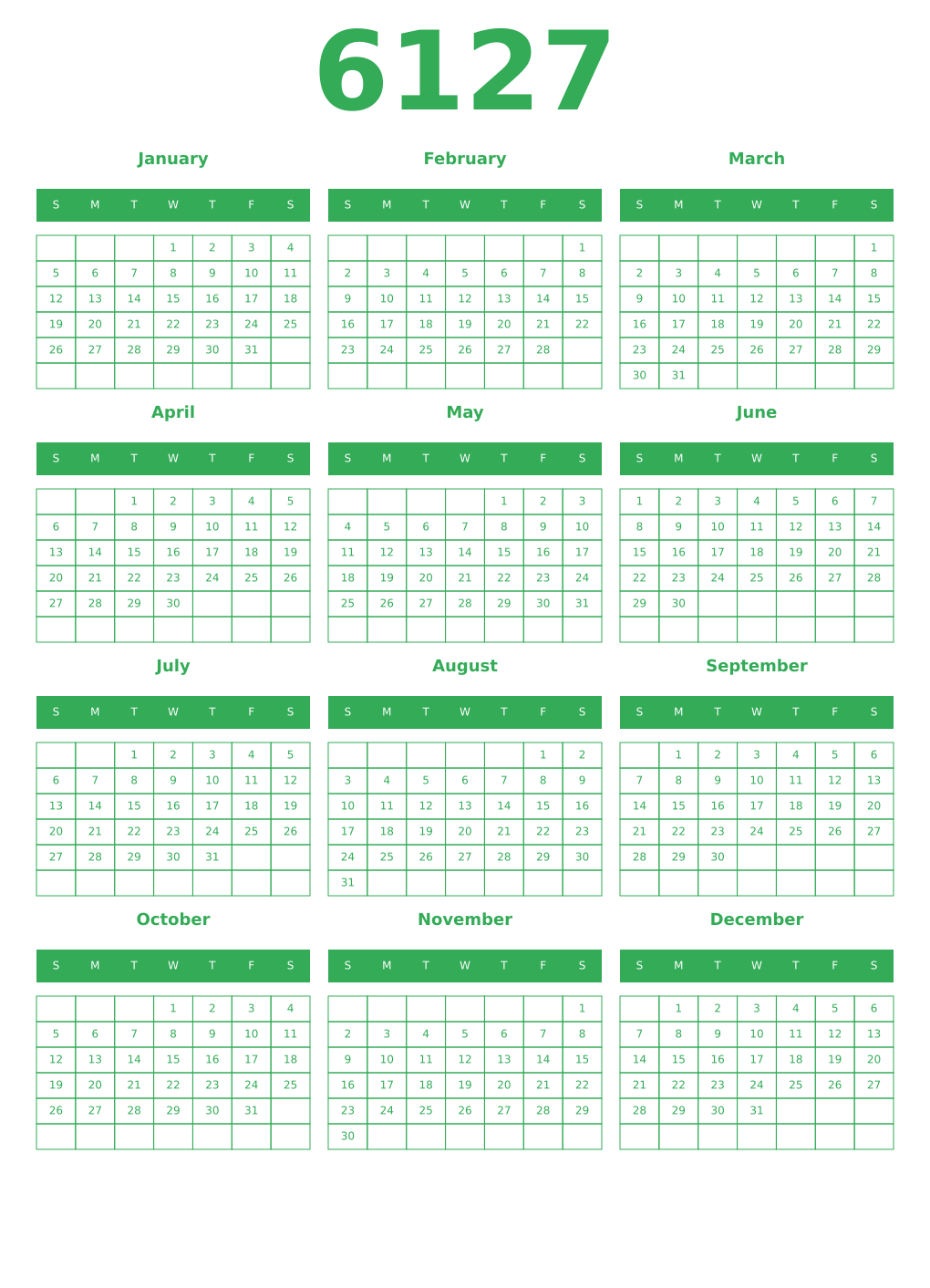 Printable 6127 Year Calendars green