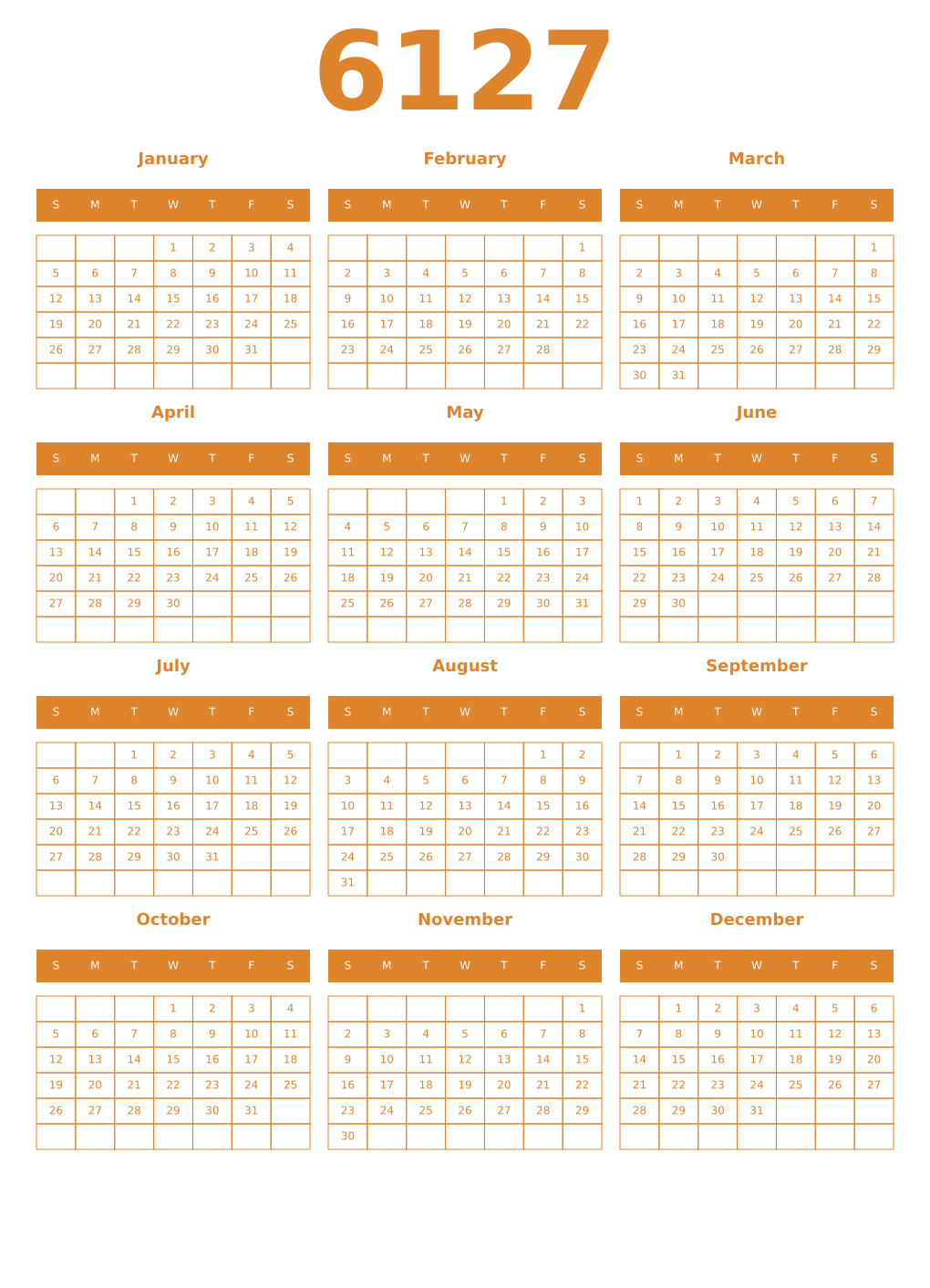 Printable 6127 Year Calendars orange