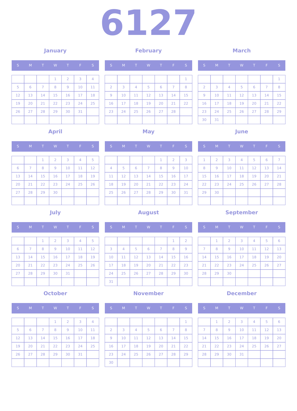 Printable 6127 Year Calendars periwinkle