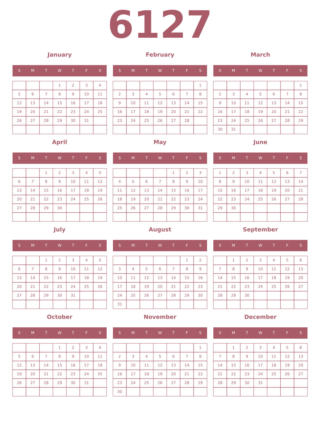 Printable 6127 Year Calendars puce