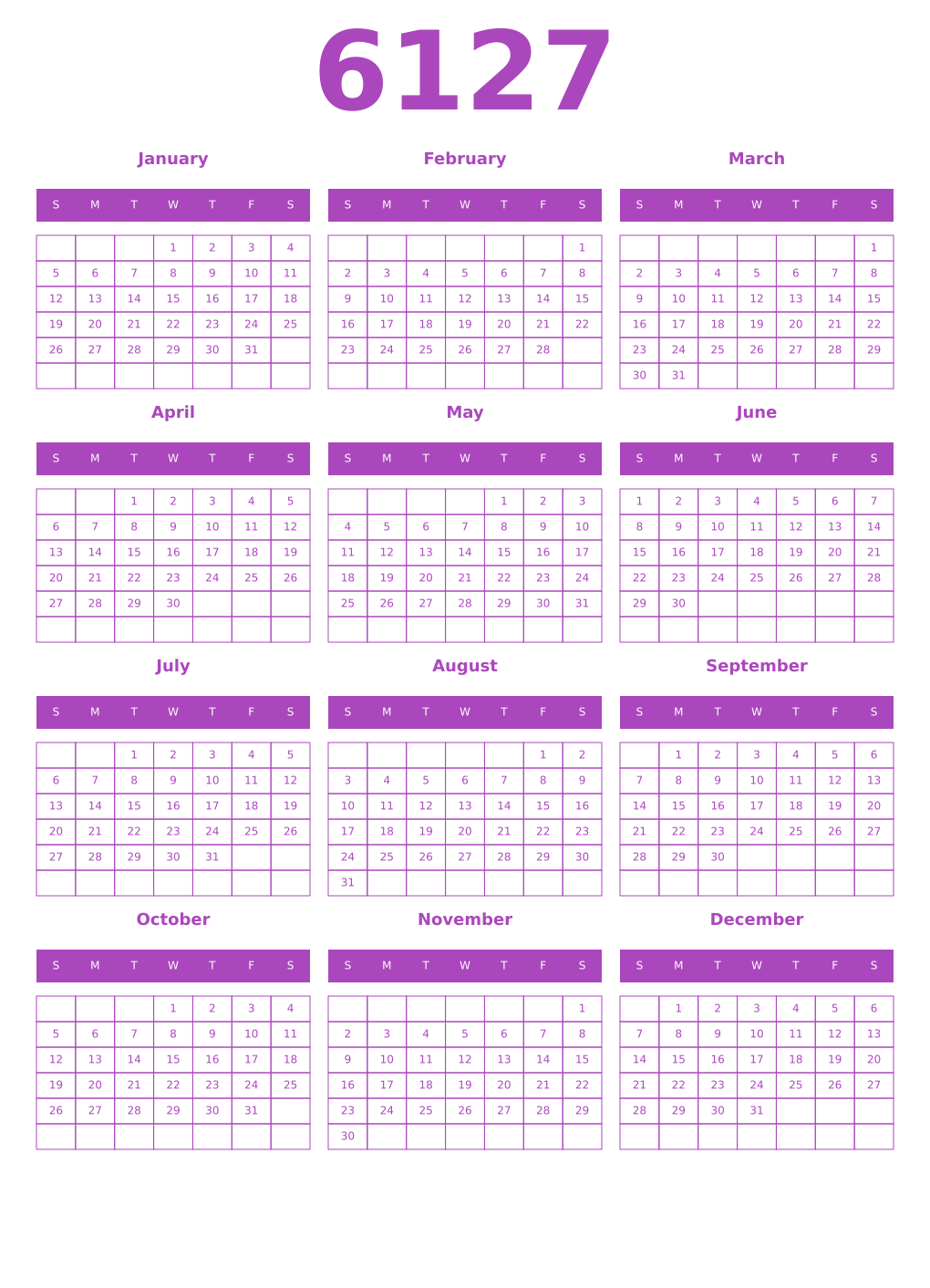 Printable 6127 Year Calendars purple