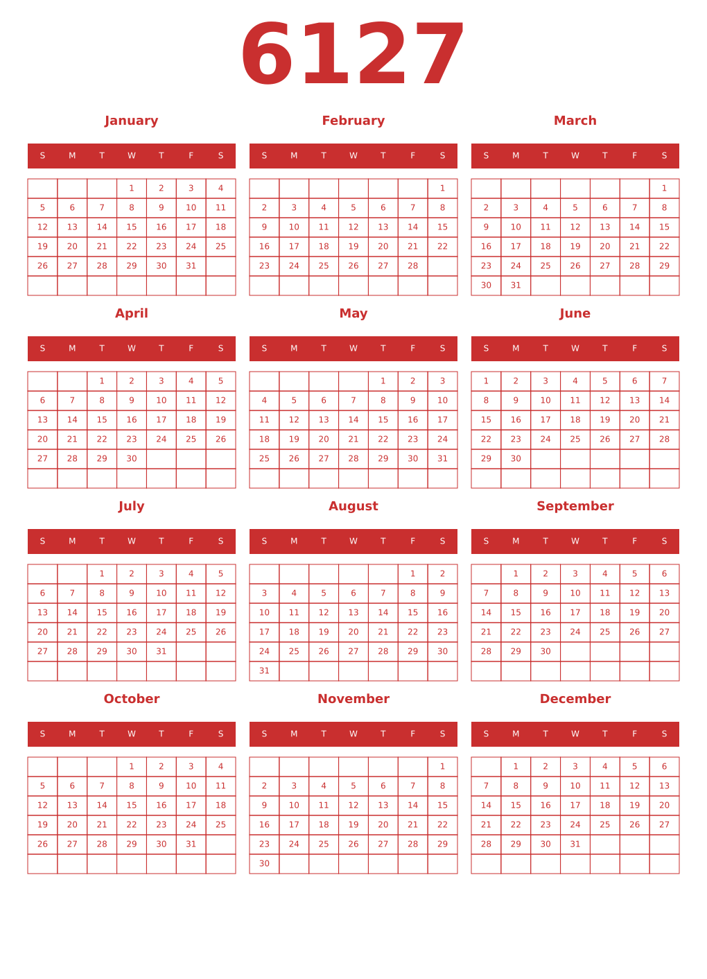 Printable 6127 Year Calendars red