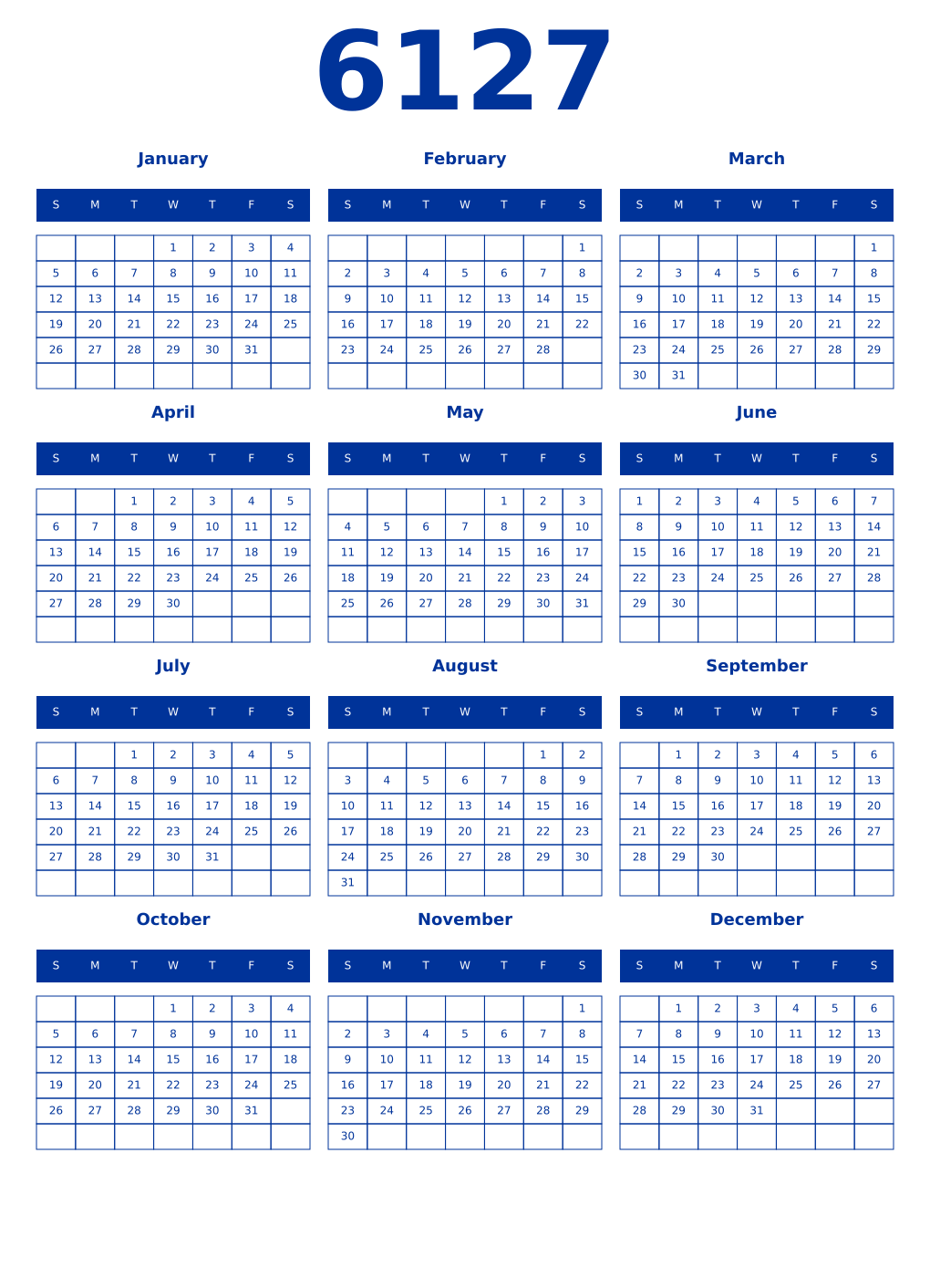 Printable 6127 Year Calendars smalt