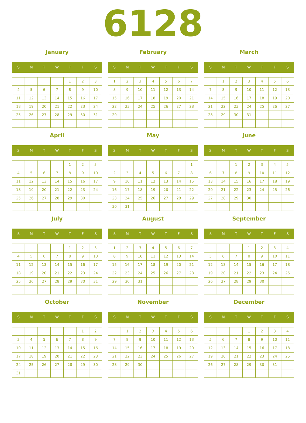 Printable 6128 Year Calendars chartreuse