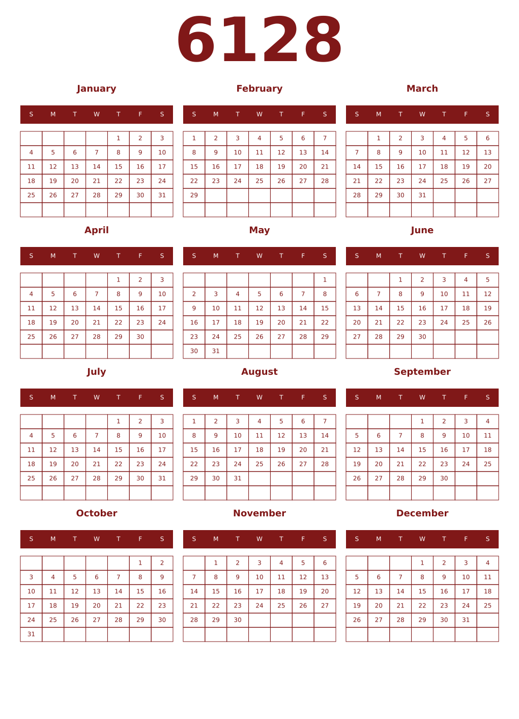 Printable 6128 Year Calendars falu