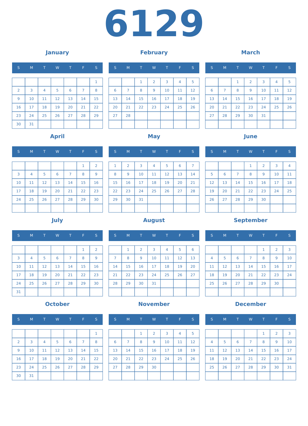 Printable 6129 Year Calendars blue