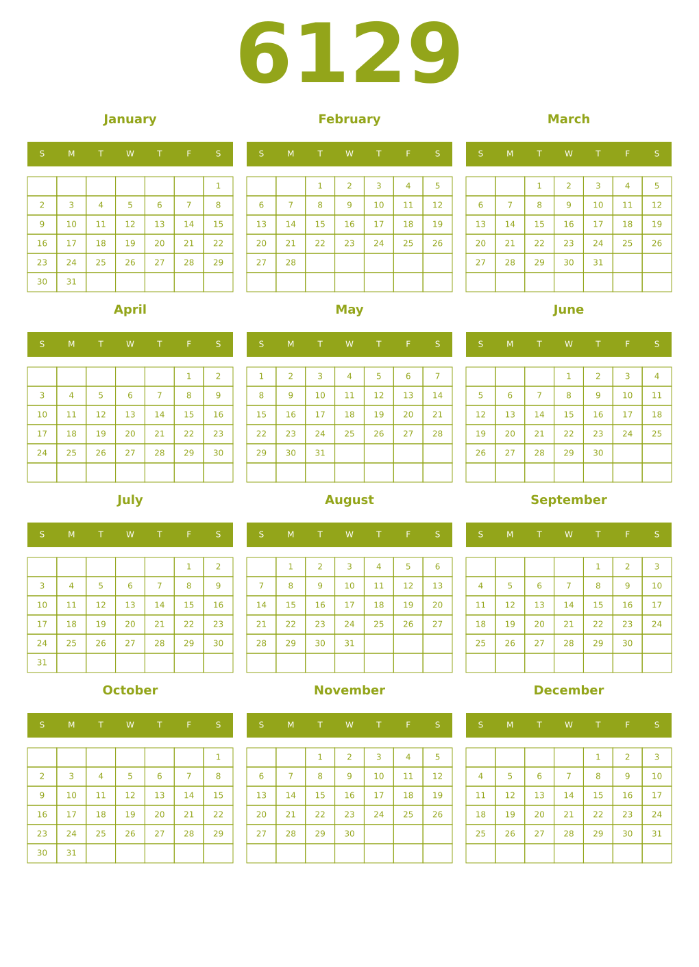 Printable 6129 Year Calendars chartreuse