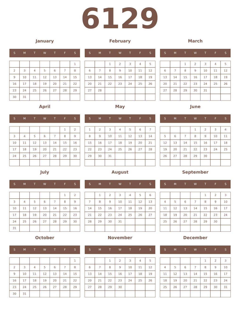Printable 6129 Year Calendars coffe