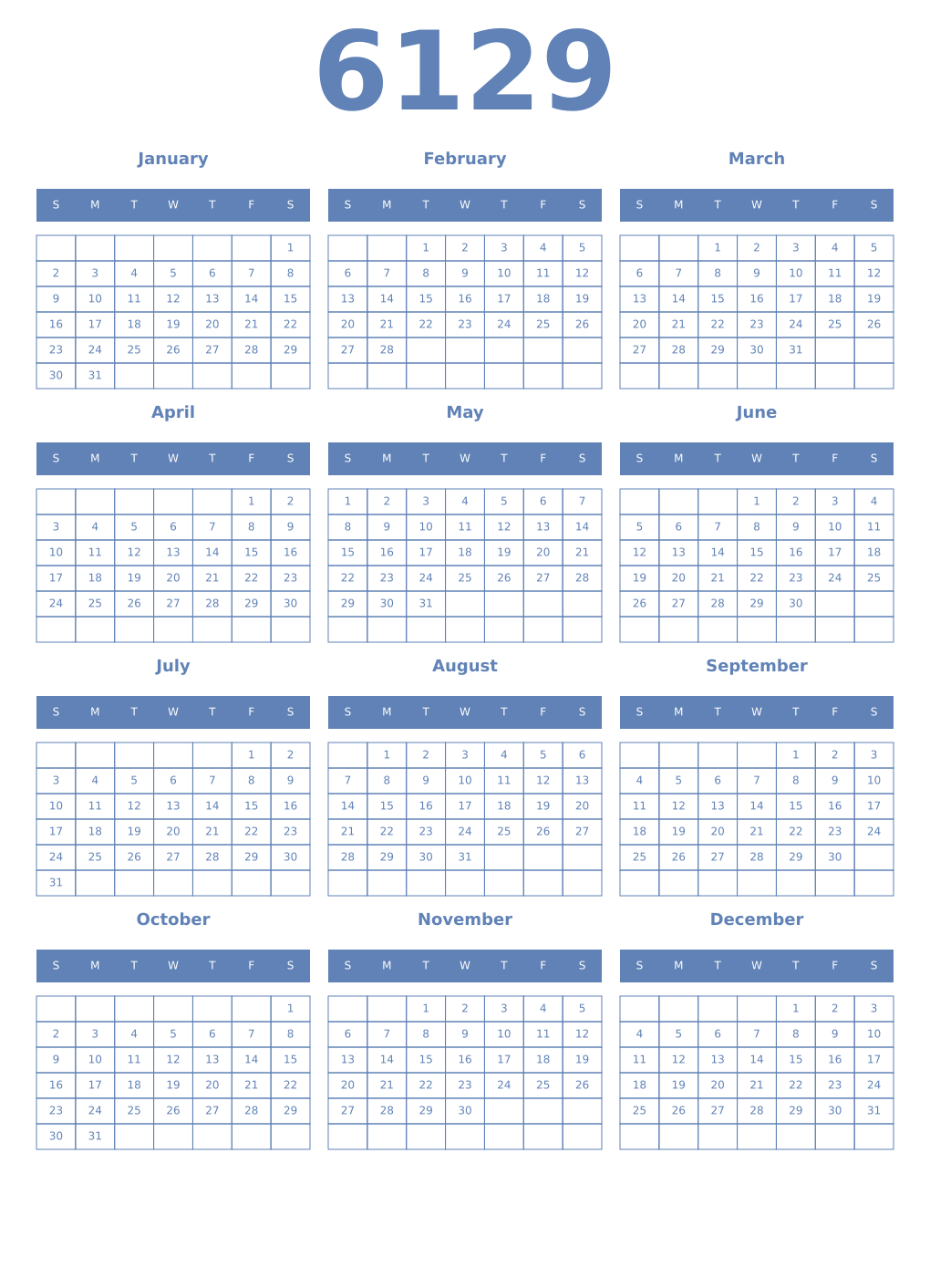 Printable 6129 Year Calendars glaucous