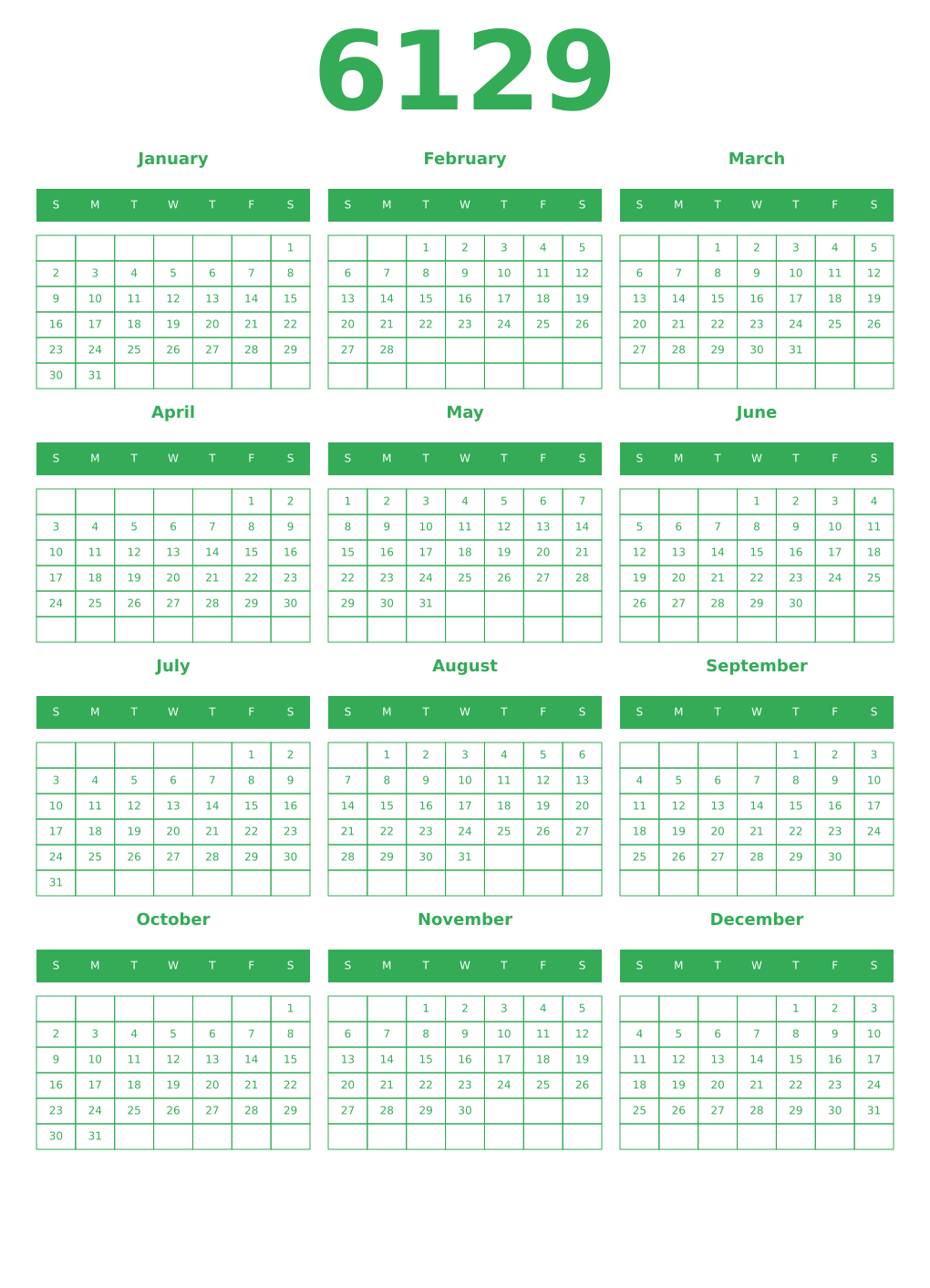 Printable 6129 Year Calendars green