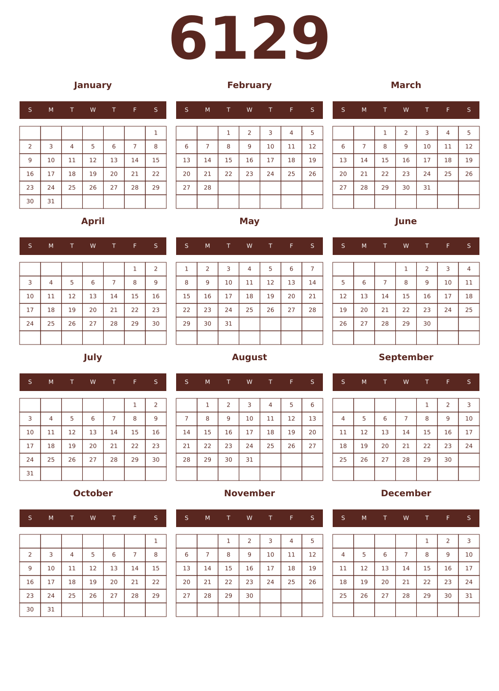 Printable 6129 Year Calendars mortuum