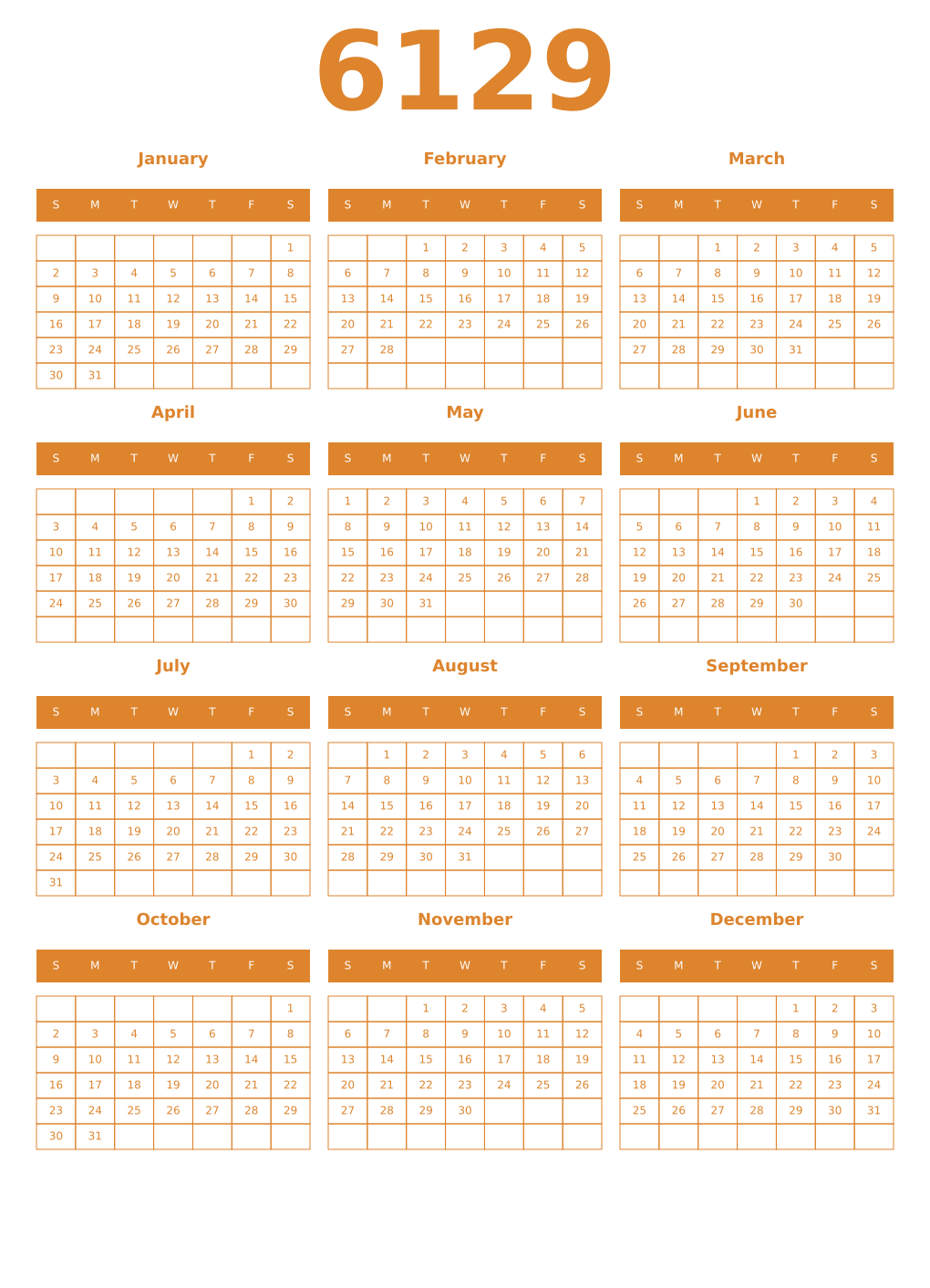 Printable 6129 Year Calendars orange