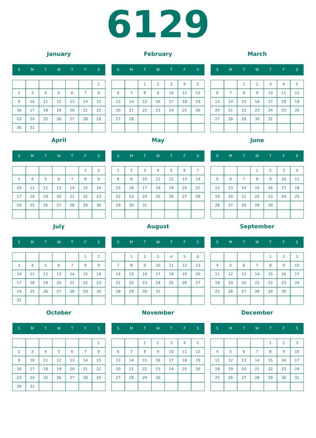 Printable 6129 Year Calendars pastel