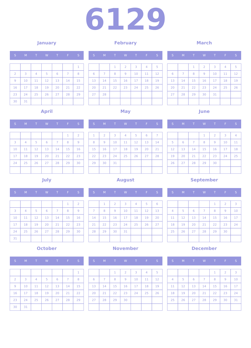 Printable 6129 Year Calendars periwinkle