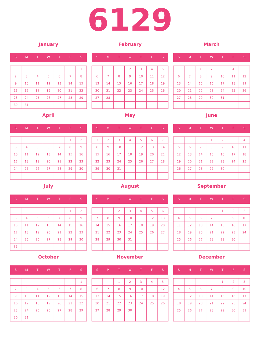 Printable 6129 Year Calendars pink
