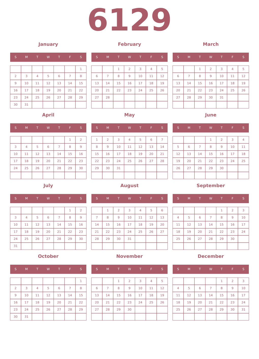 Printable 6129 Year Calendars puce