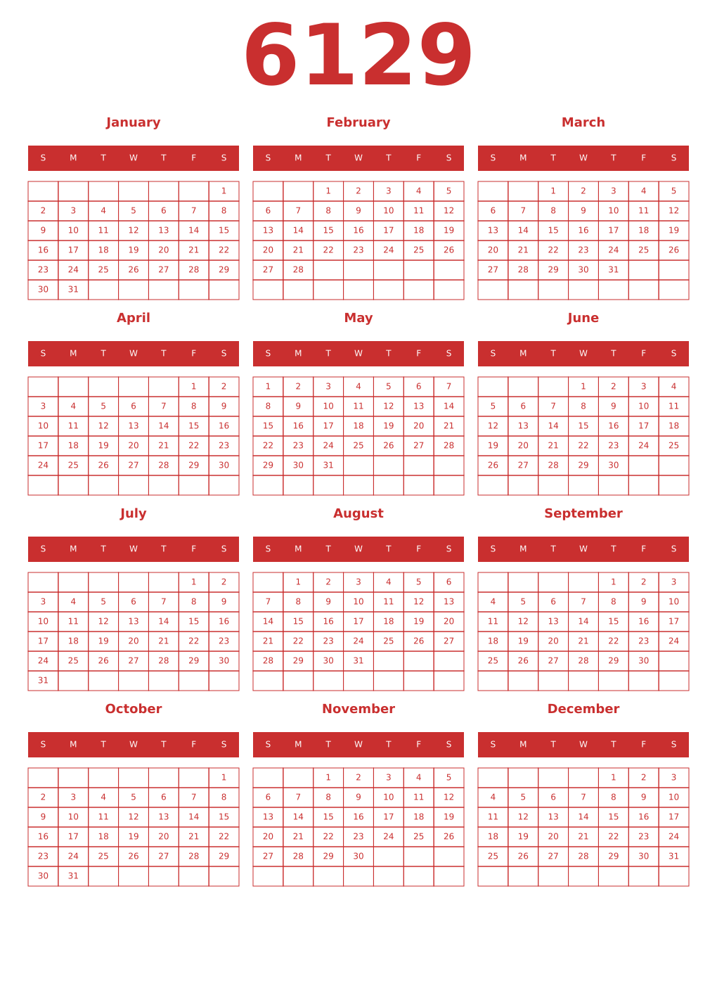 Printable 6129 Year Calendars red