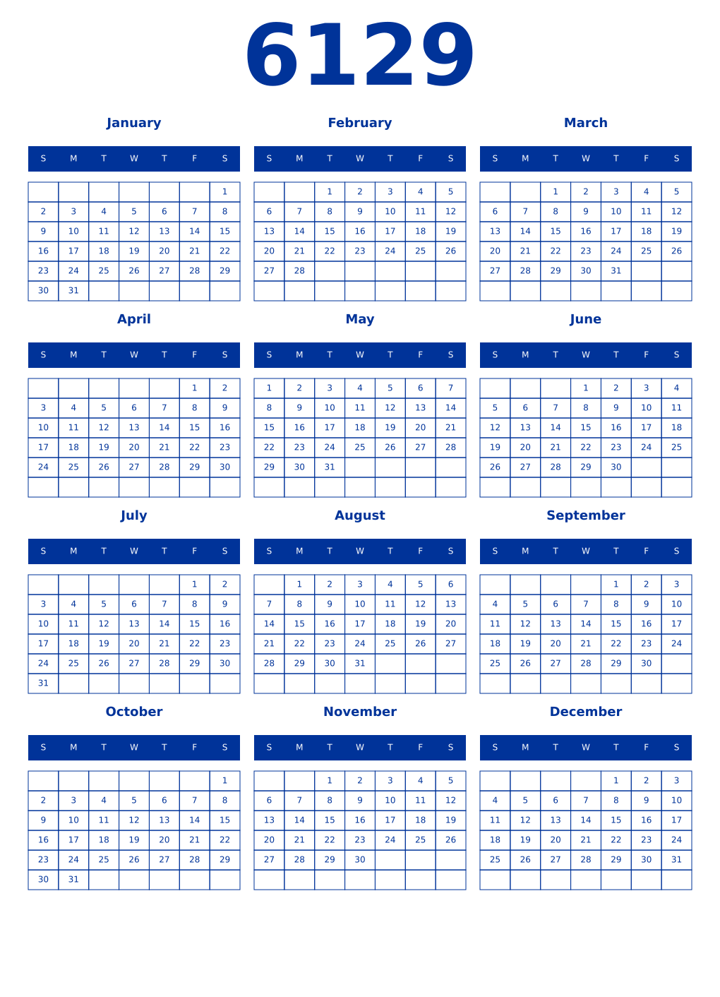 Printable 6129 Year Calendars smalt