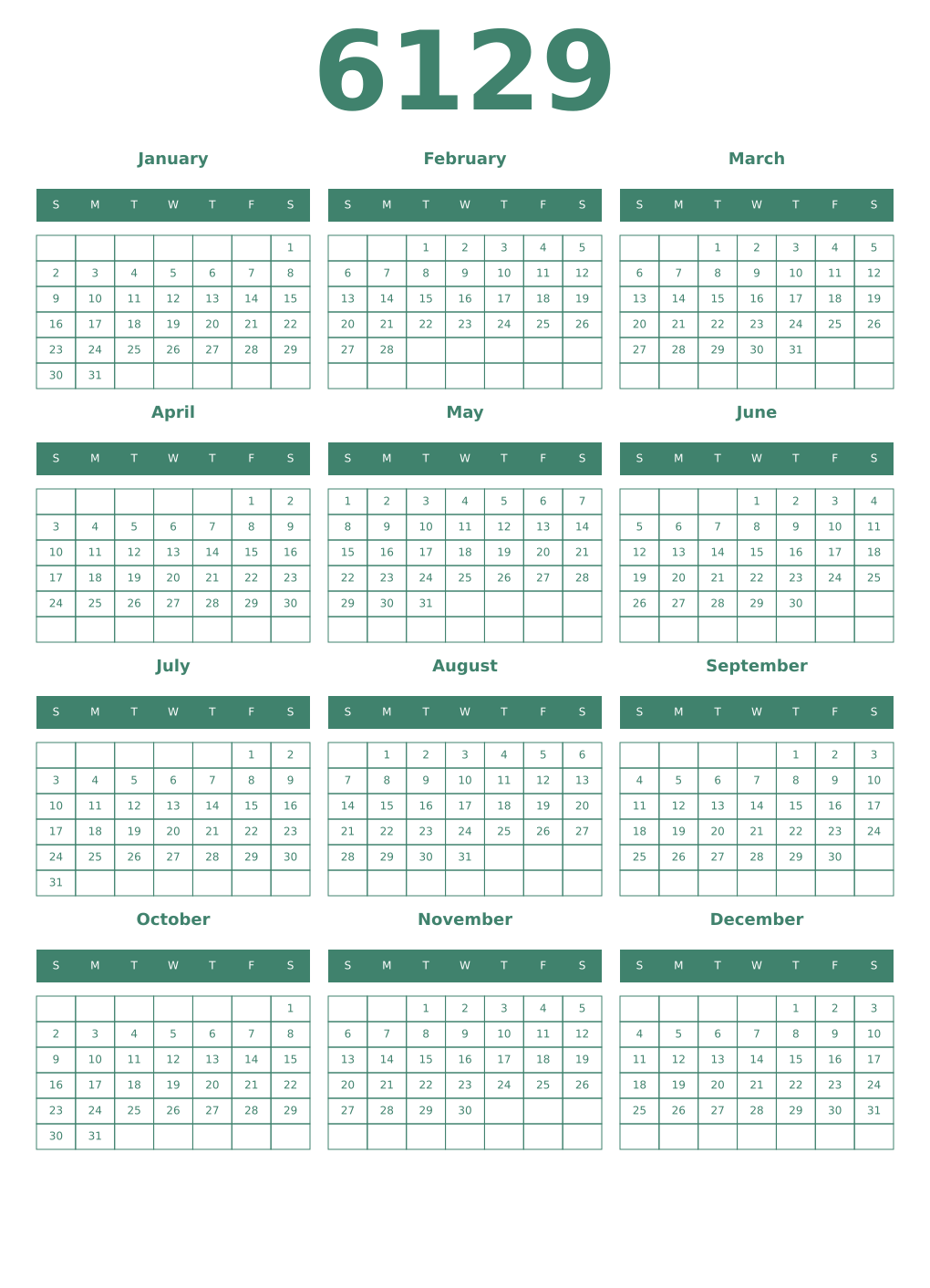 Printable 6129 Year Calendars viridian
