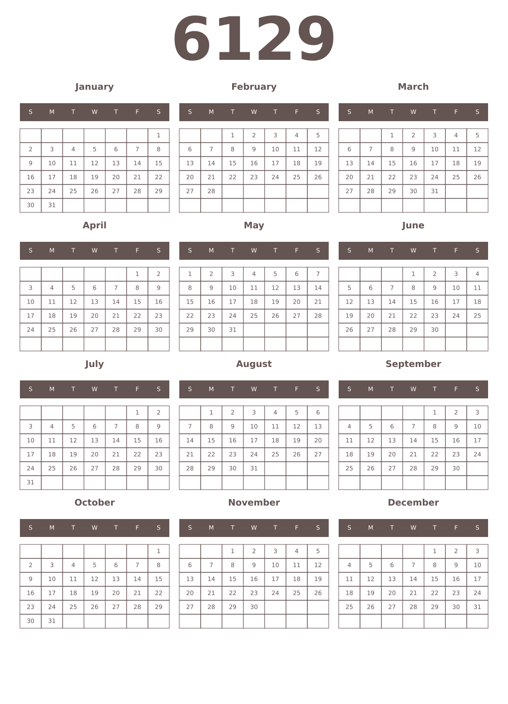 Printable 6129 Year Calendars wenge