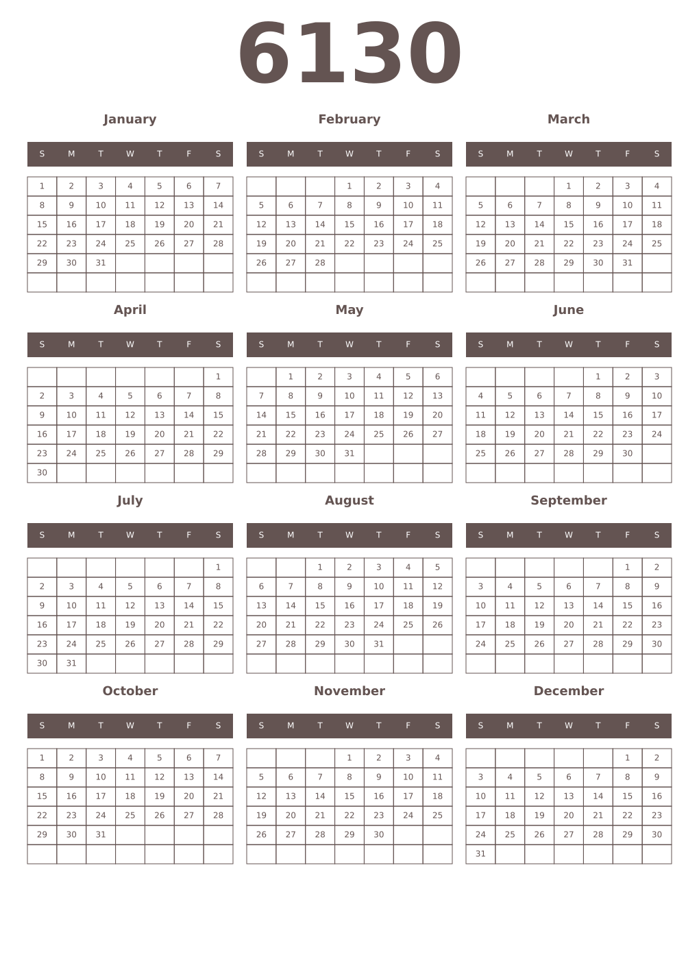 Printable 6130 Year Calendars wenge