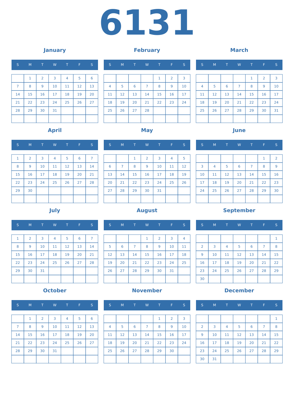 Printable 6131 Year Calendars blue