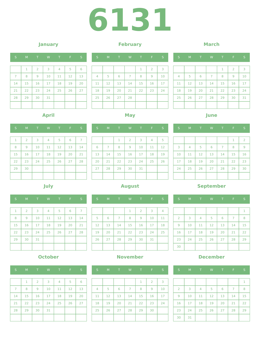 Printable 6131 Year Calendars celadon
